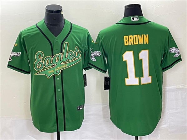 Men's Philadelphia Eagles #11 A. J. Brown Green Gold Cool Base Baseball Stitched Jersey - Click Image to Close